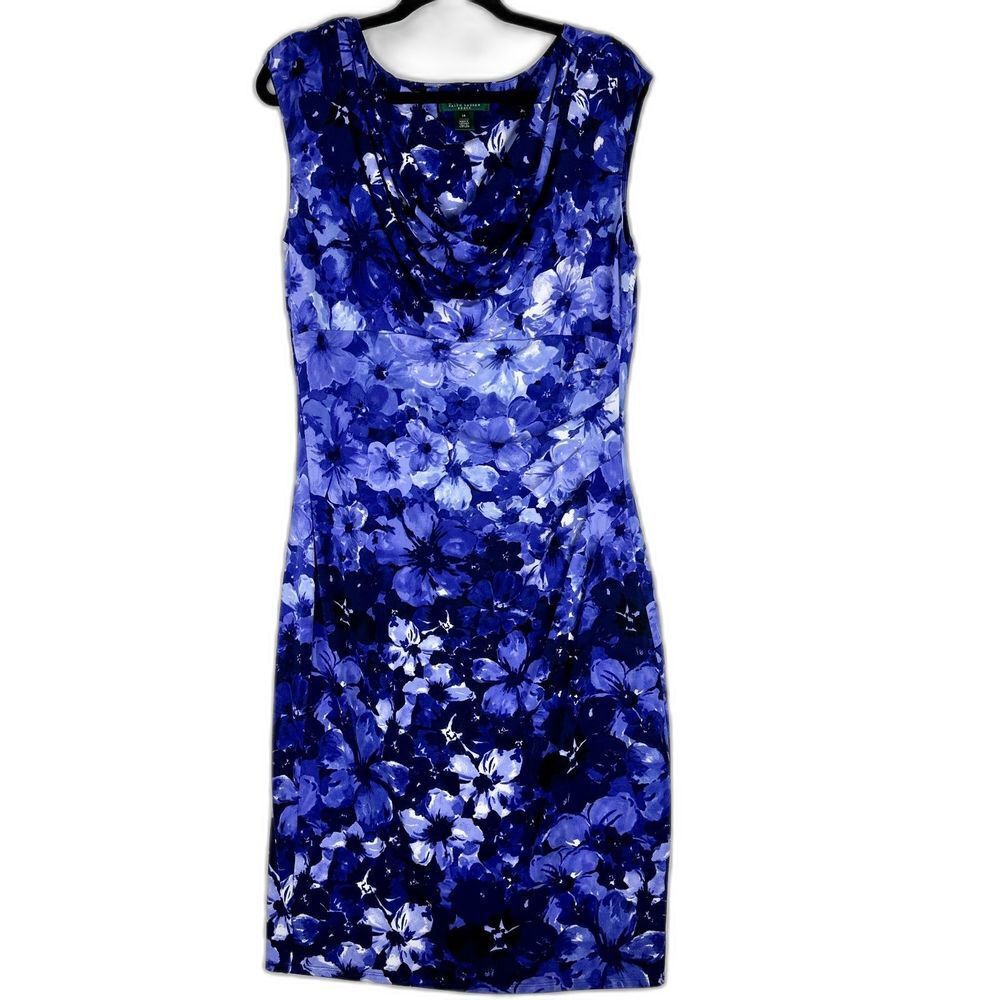 Ralph Lauren Royal Blue Floral Cowl-Neck Midi Dress